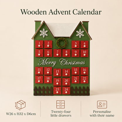 Little Teekie Personalised Advent Calendar House | 24 Drawers, W26 x H32 x D6cm – Red & Green