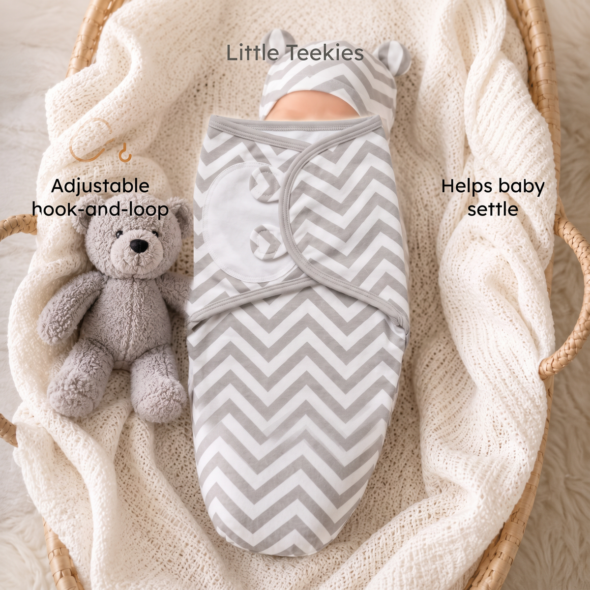 Little Teekie Adjustable Swaddle Wrap benefits — adjustable fit, helps baby settle, breathable, gentle on skin