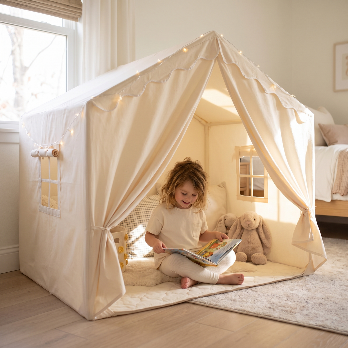 Child reading inside the kids play tent