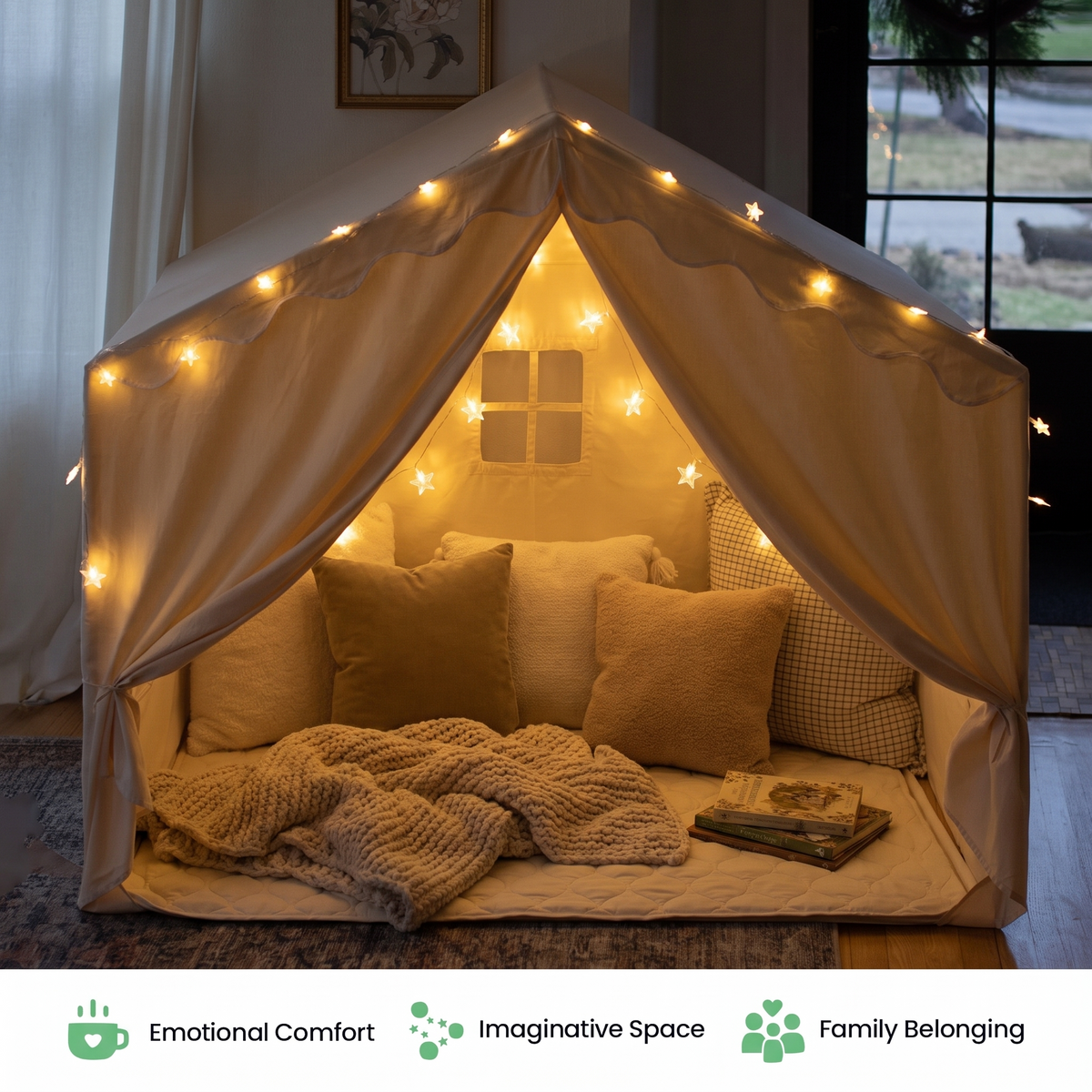 Kids play tent glowing with warm star lights in the evening