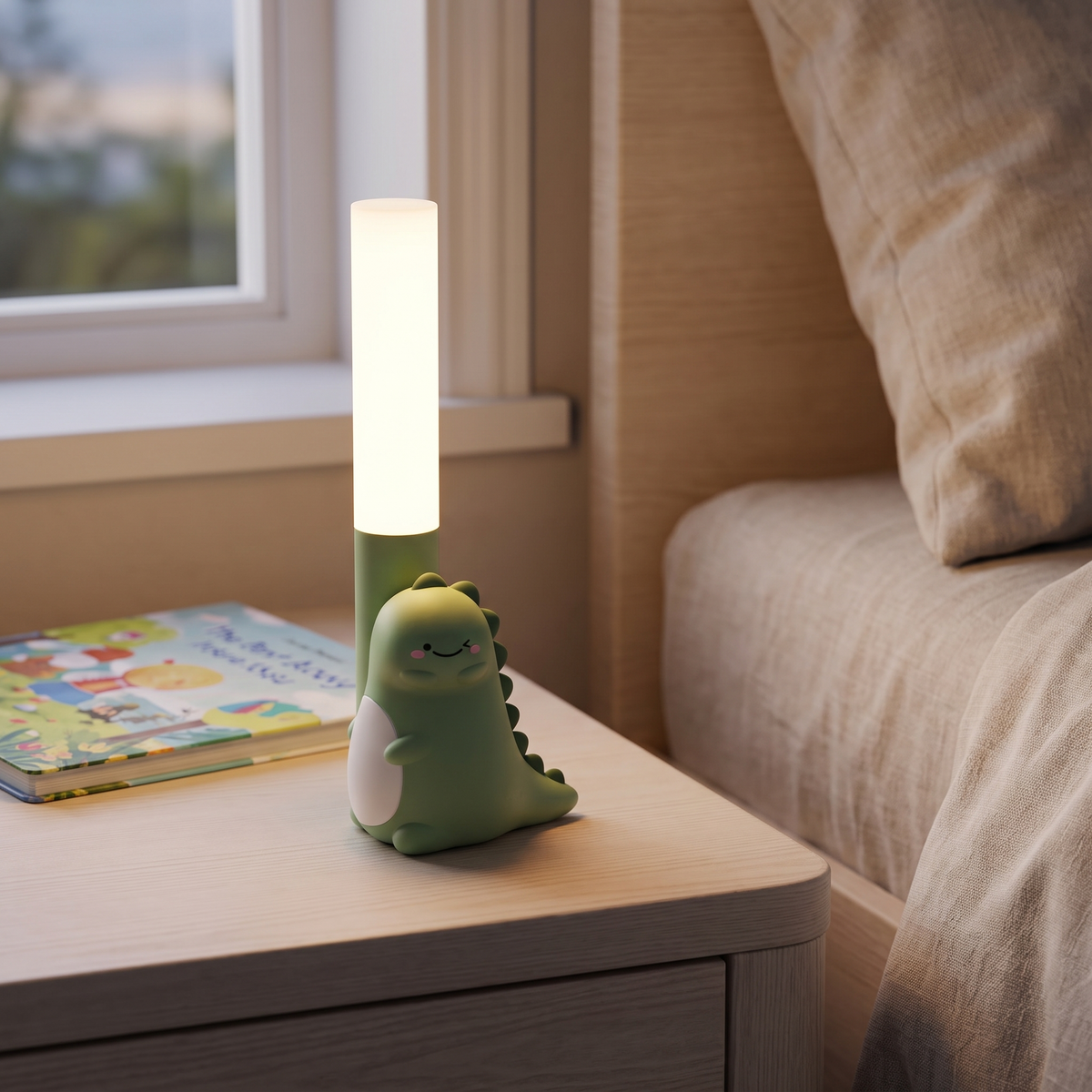 Dinosaur silicone kids night light glowing on a bedside table