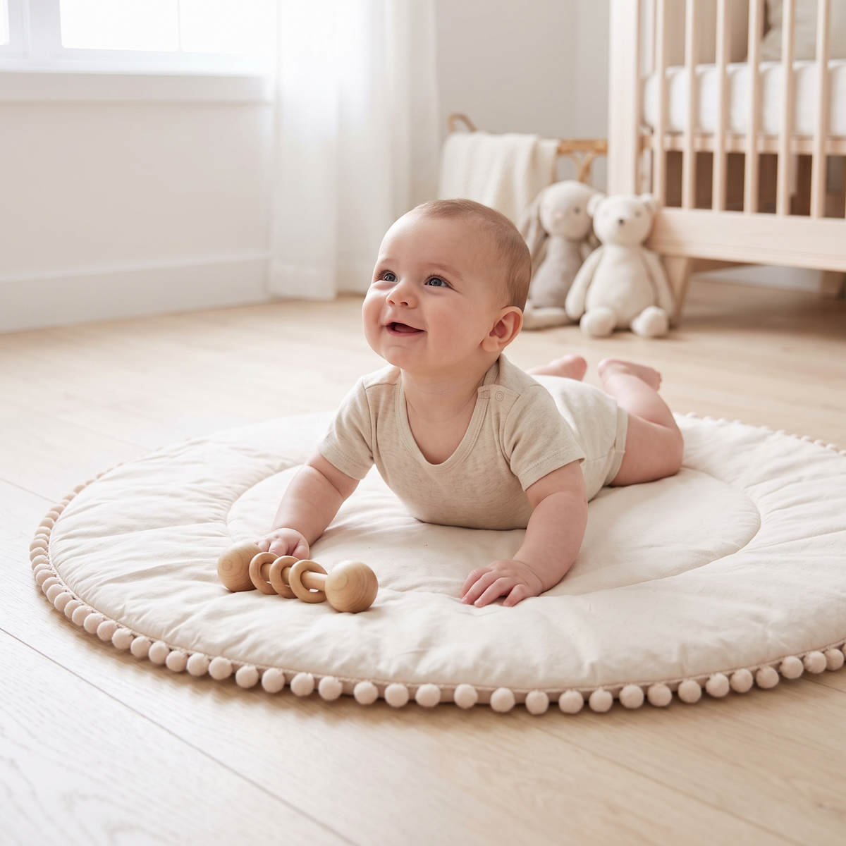 Baby enjoying tummy time on the round padded play mat