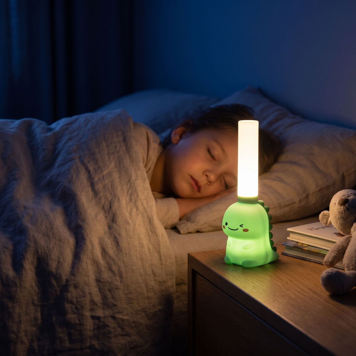 Dinosaur night light glowing softly in a dark kids bedroom
