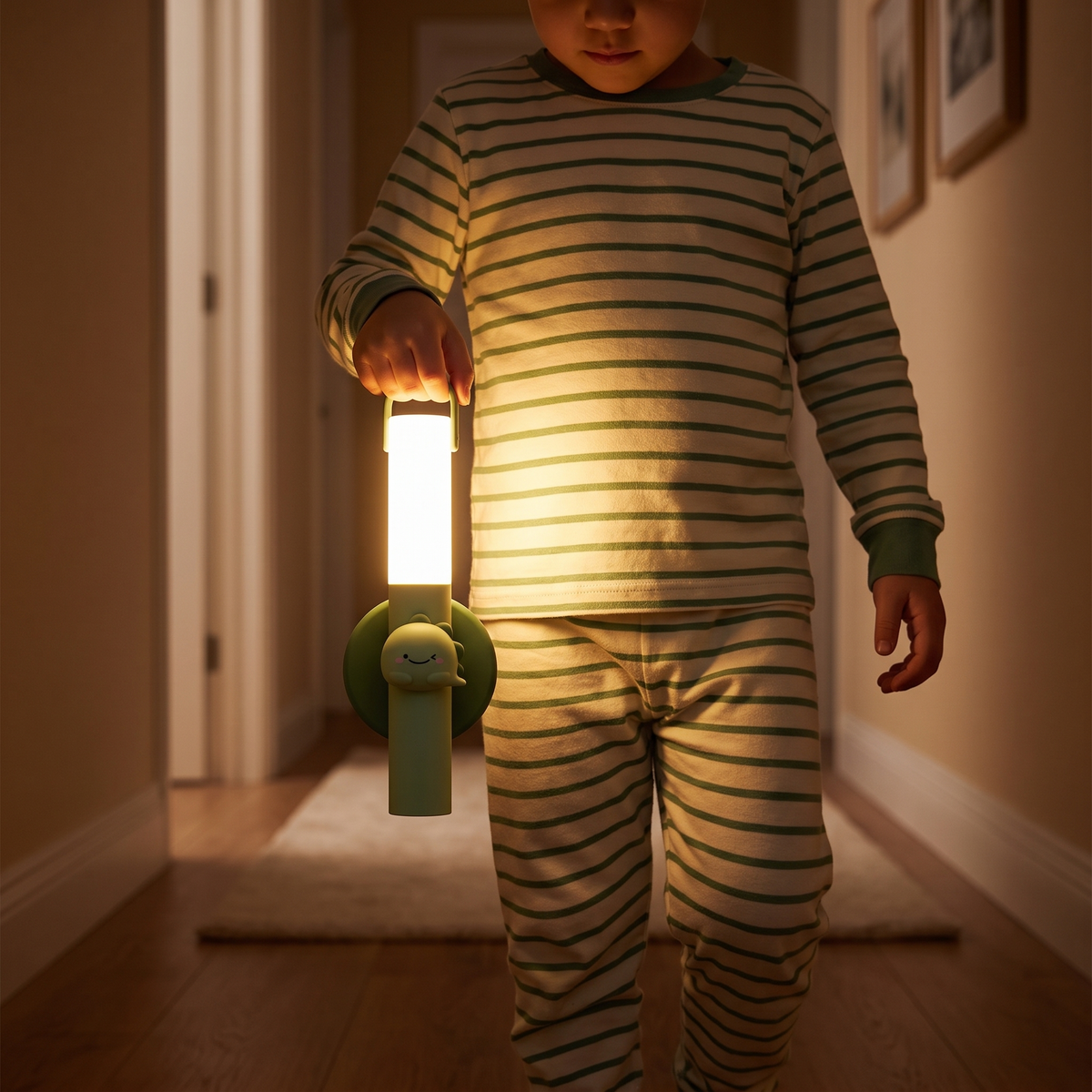Child carrying the portable dinosaur night light at bedtime
