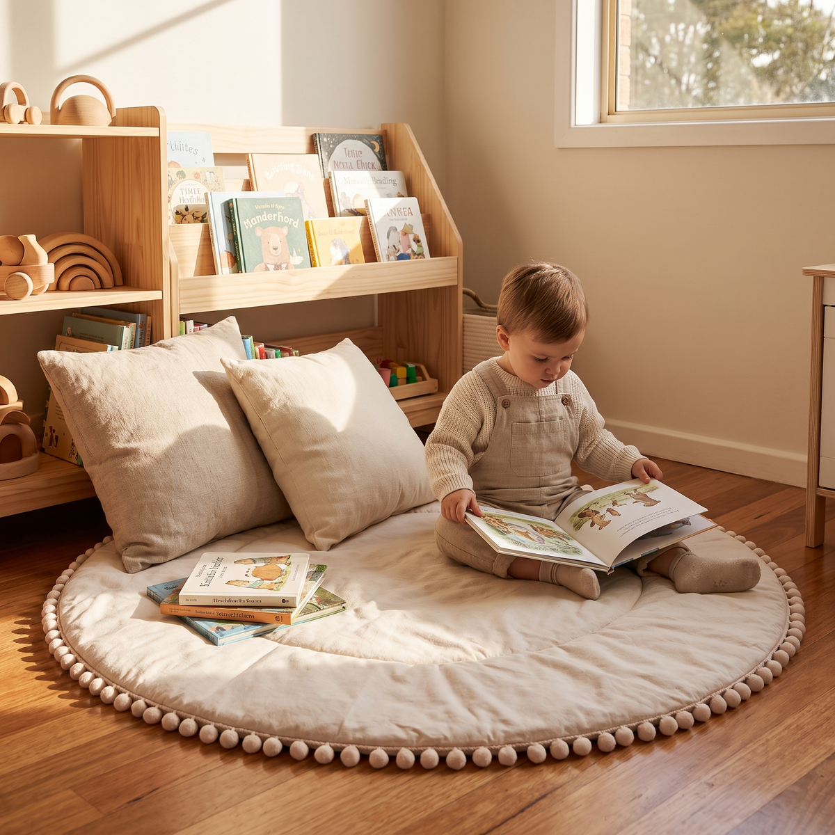 Pom pom play mat styled as a kids reading corner