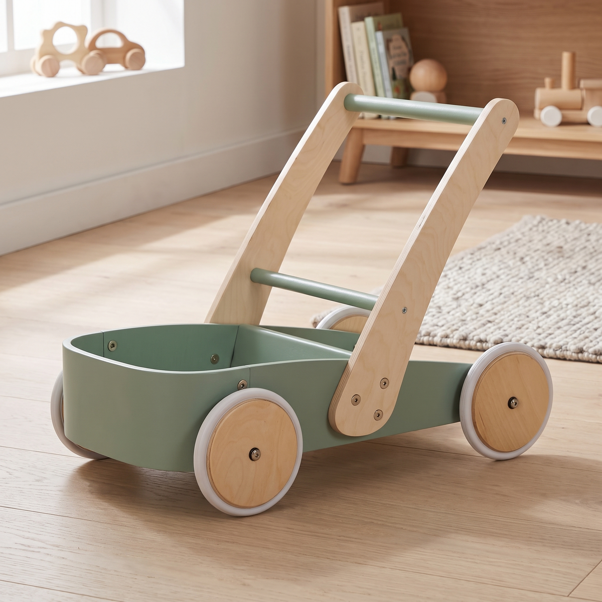 Sage green wooden baby walker wagon in a bright playroom