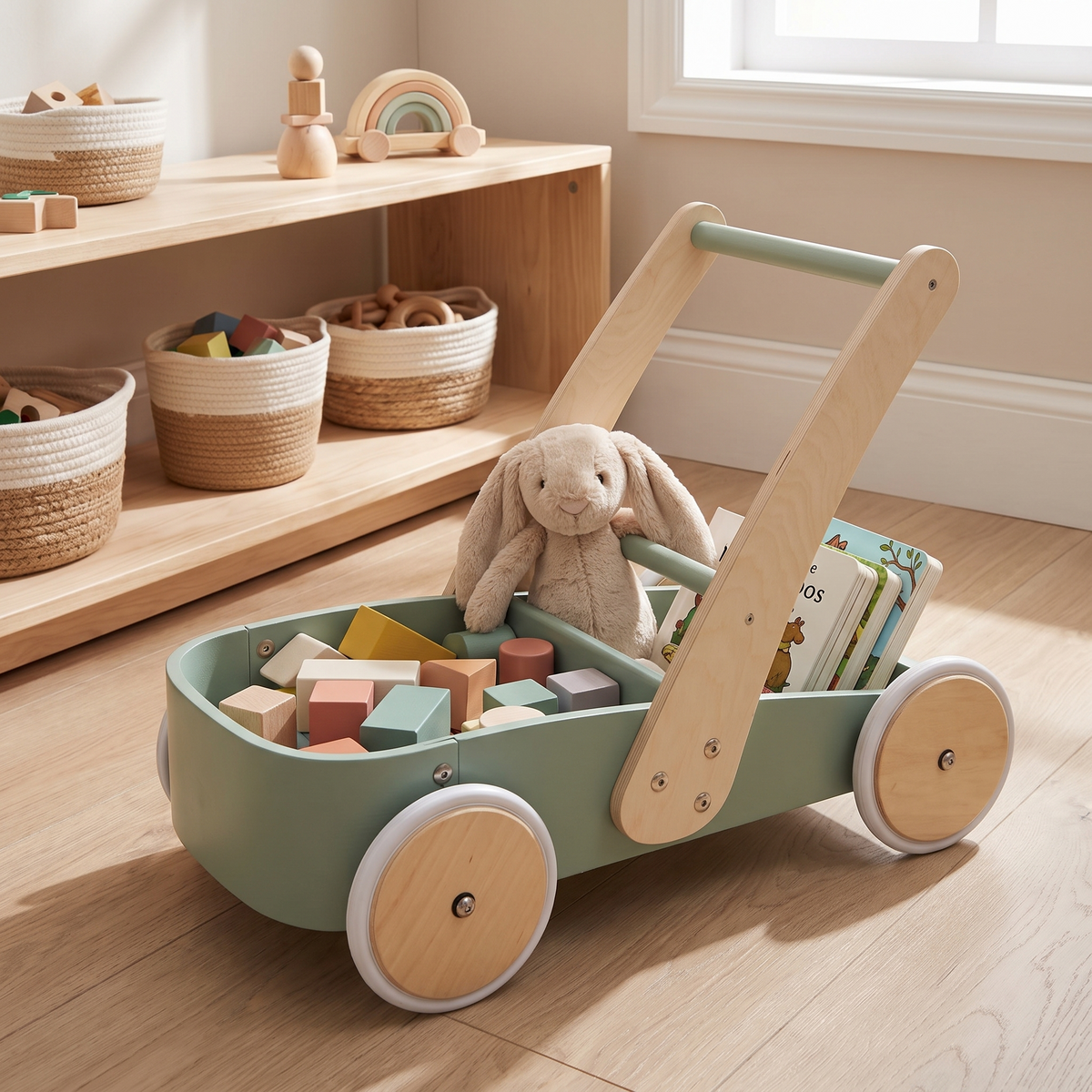 Wooden walker tray filled with blocks, books and a soft toy
