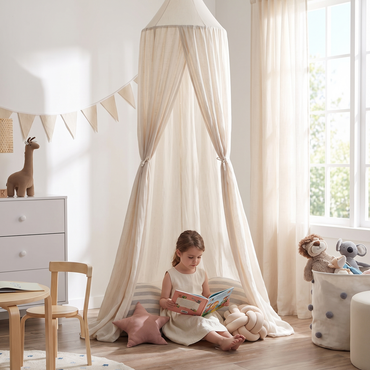 Child reading inside the hanging canopy