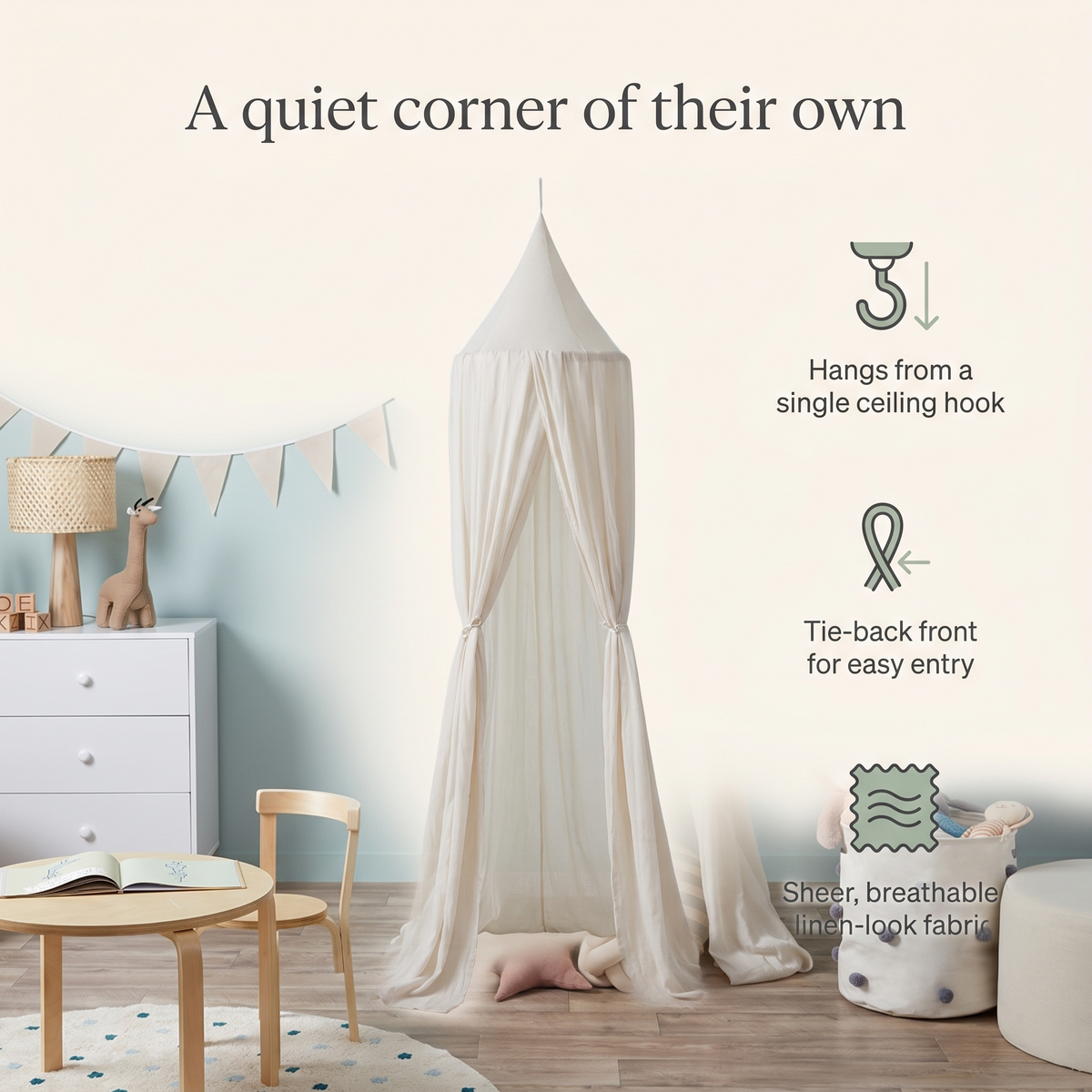 Canopy features: ceiling hook, tie-back front, breathable fabric