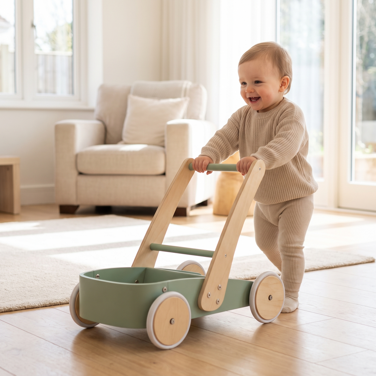 Toddler taking first steps pushing the wooden baby walker