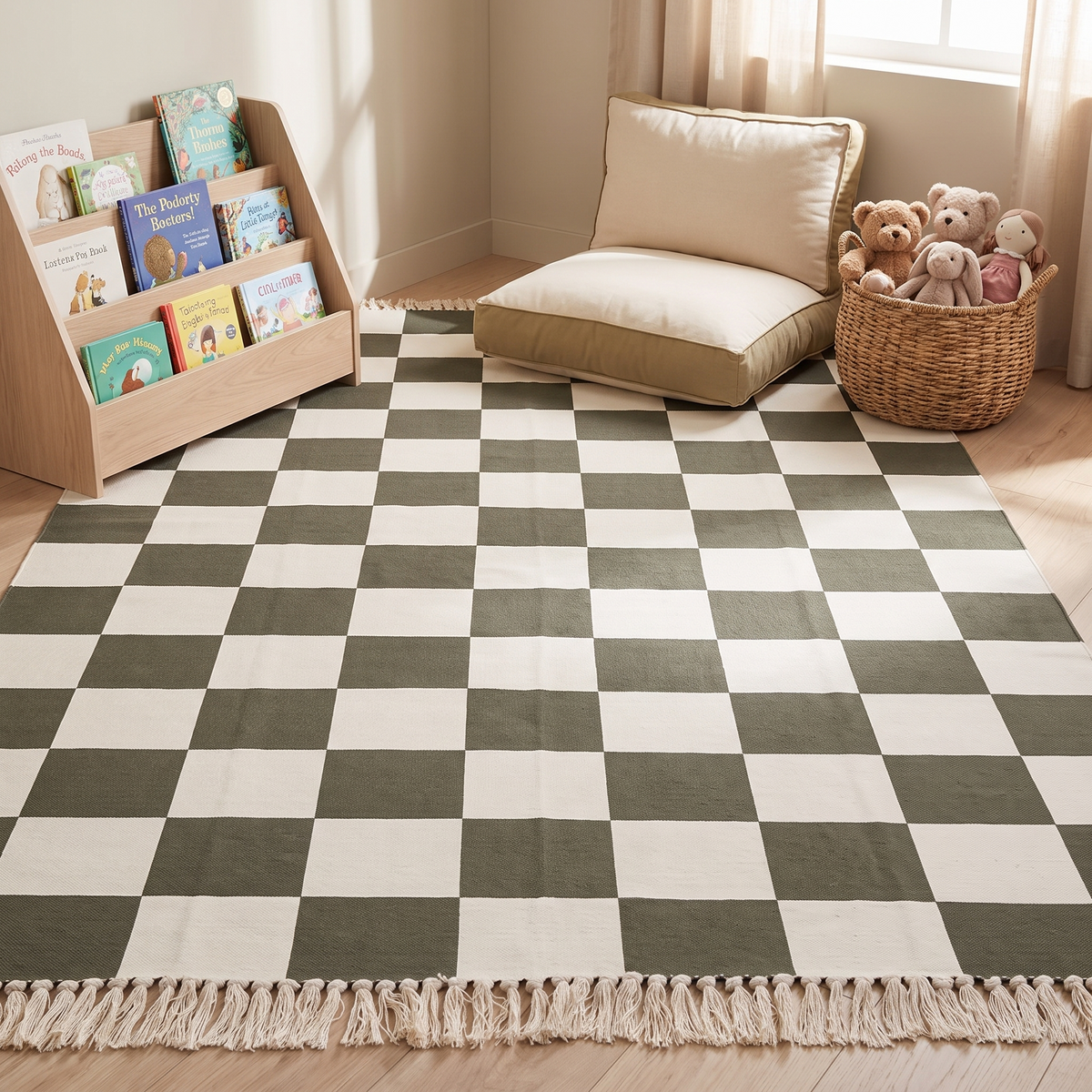 Khaki checkerboard rug styled as a cosy kids reading corner