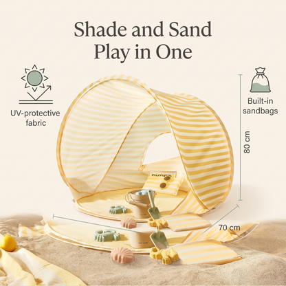 Kids beach tent benefits: UV-protective fabric, built-in sandbags, pop-up setup, 90 x 70 x 80 cm