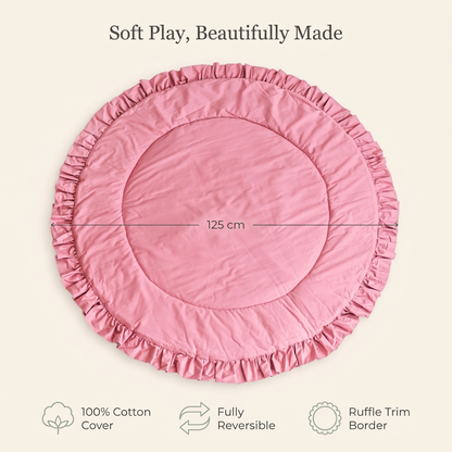 Benefits of the 125cm round rose playmat: 100% cotton cover, fully reversible, ruffle trim border
