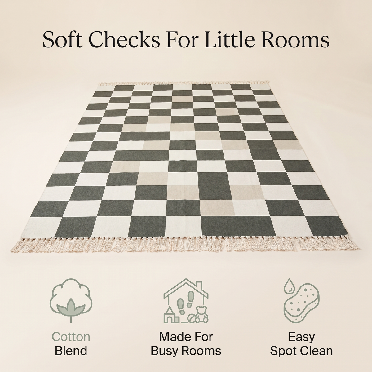 Checkerboard kids rug benefits: cotton blend, made for busy rooms, easy spot clean