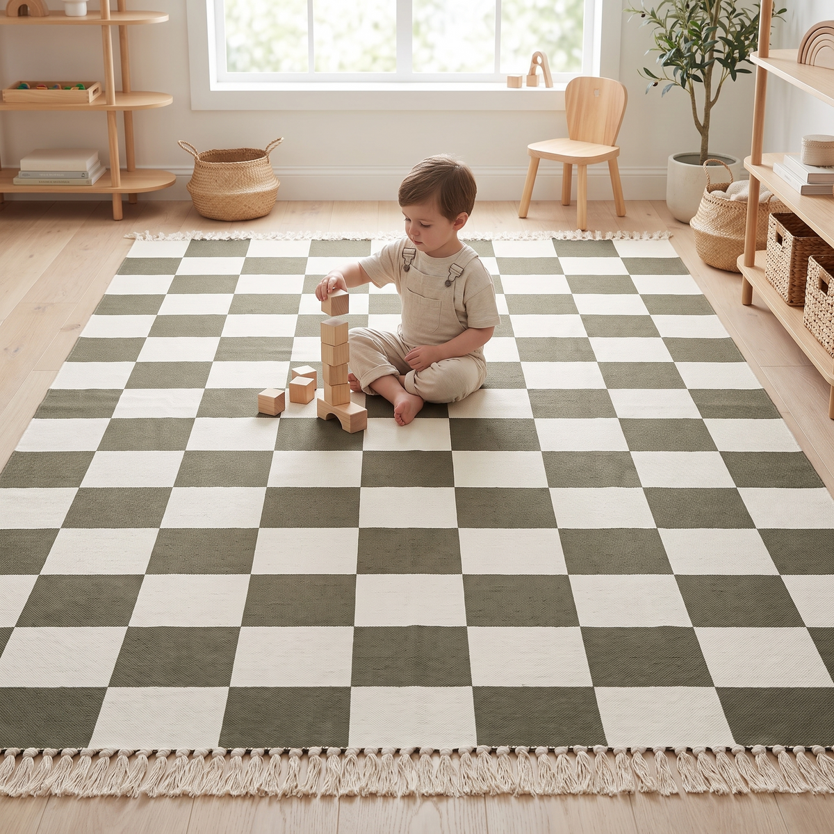 Child playing with wooden blocks on the khaki checkerboard rug