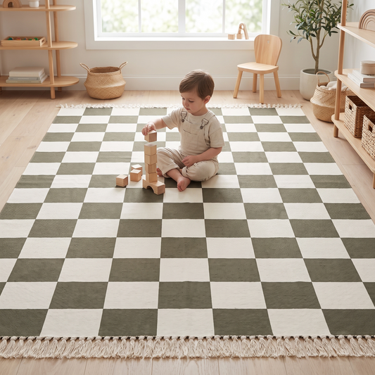 Child playing with wooden blocks on the khaki checkerboard rug