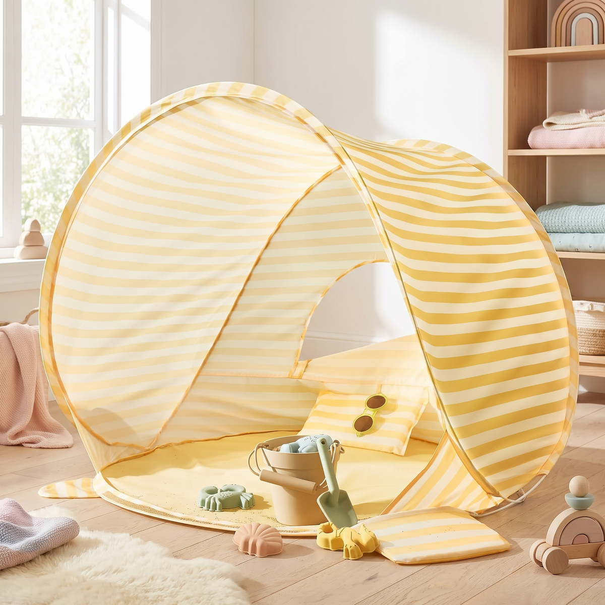 Pastel yellow striped kids pop-up beach tent in a bright Scandinavian kids room