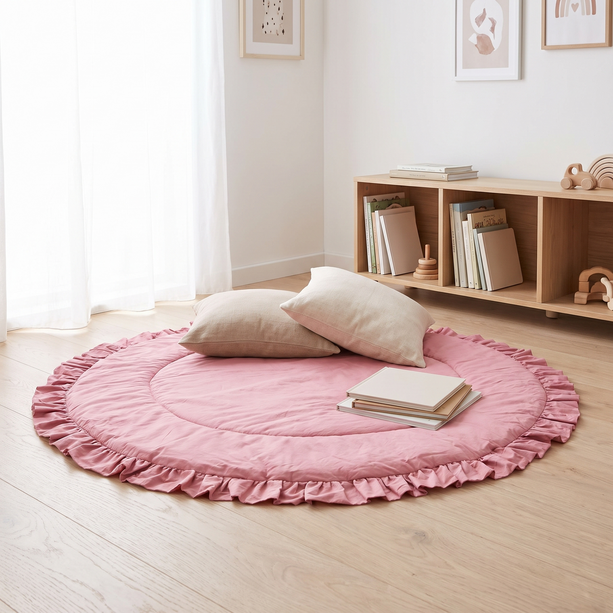 Rose ruffle playmat styled as a cosy kids reading corner with cushions and books