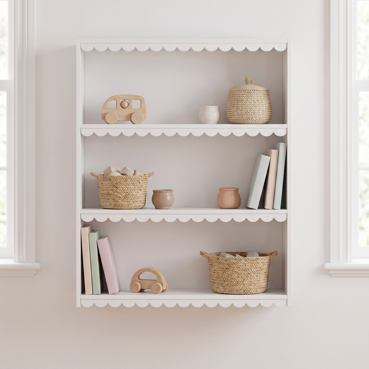 Three tier scalloped wall shelf mounted in a bright Scandinavian nursery