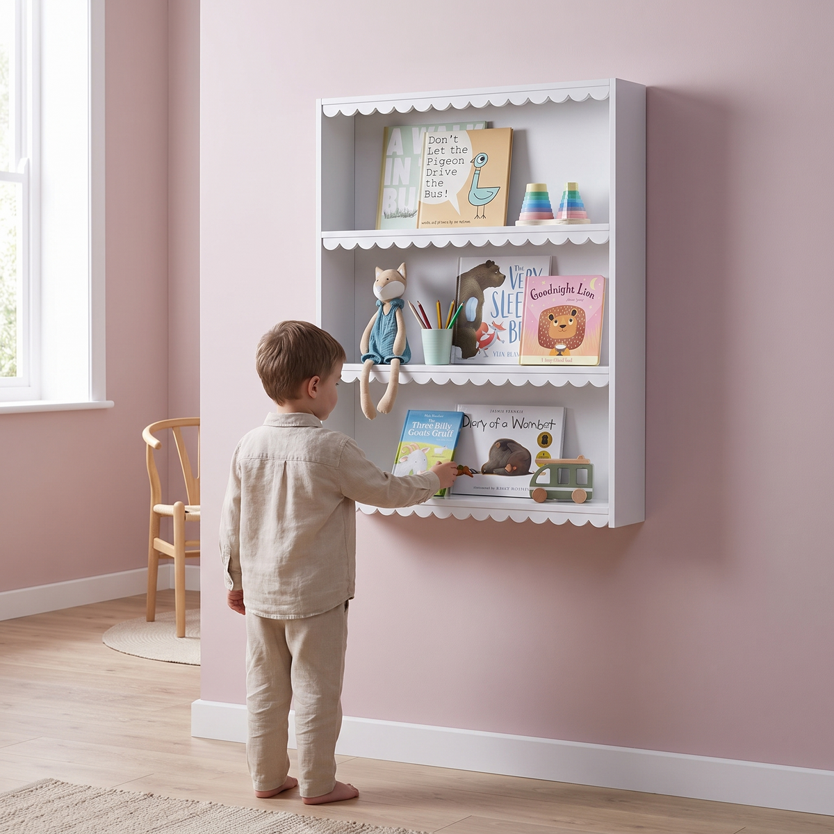 Child reaching for a book from the scalloped wall shelf