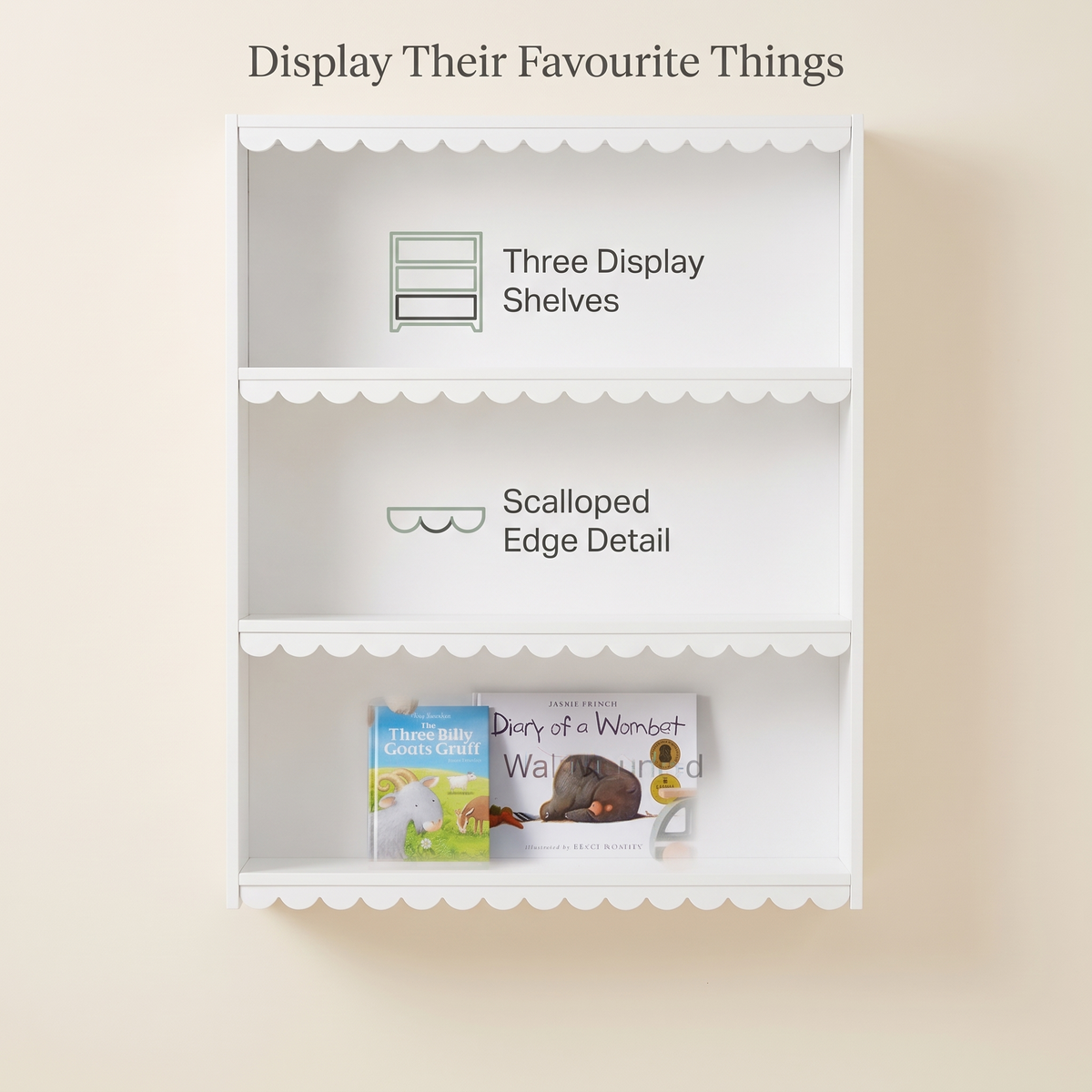 Scalloped wall shelf benefits: three display shelves, scalloped edge detail, wall mounted