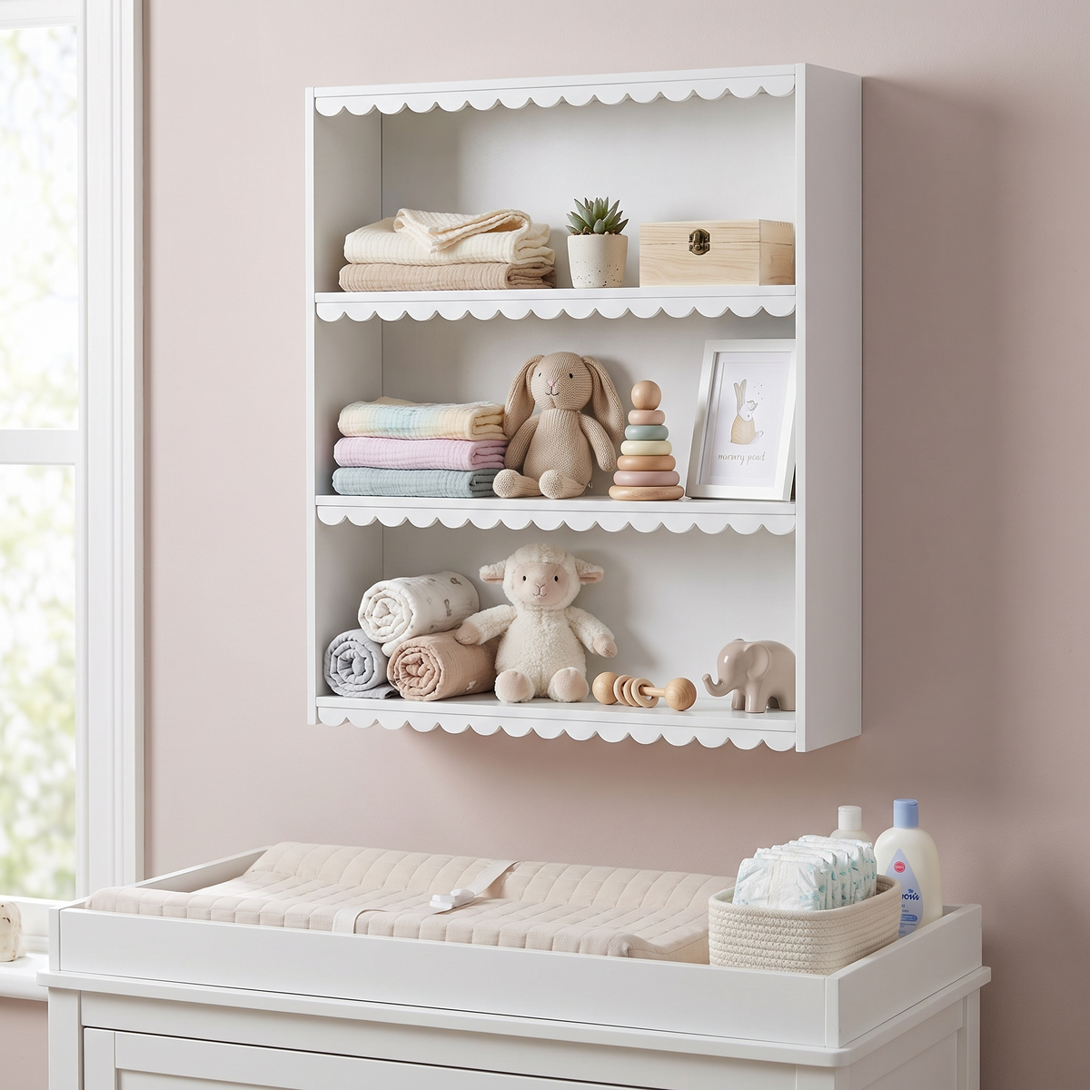 Scalloped wall shelf styled above a nursery change table