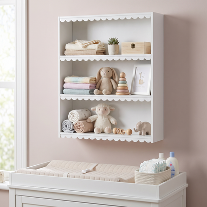 Scalloped wall shelf styled above a nursery change table