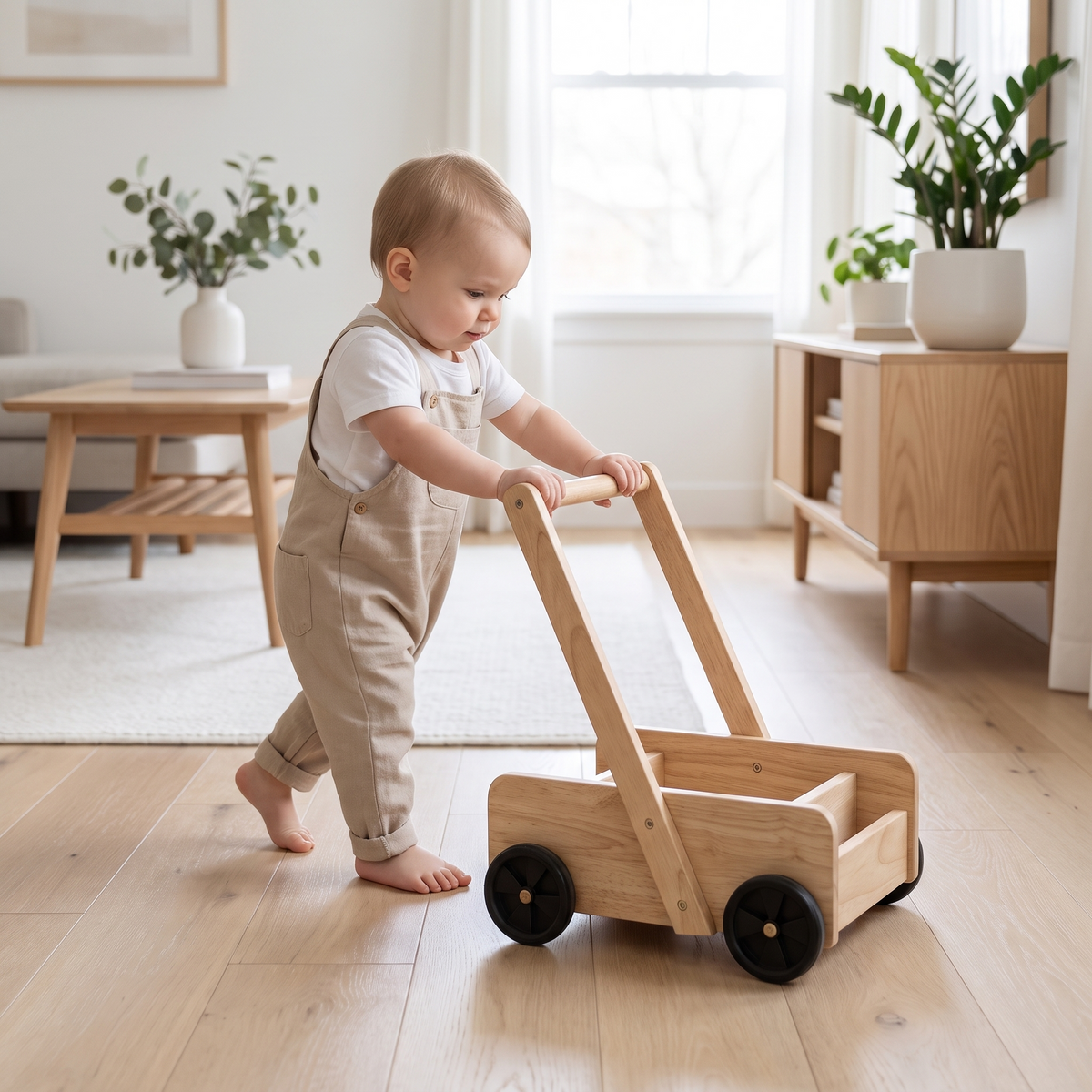 Toddler taking first steps with the wooden baby walker