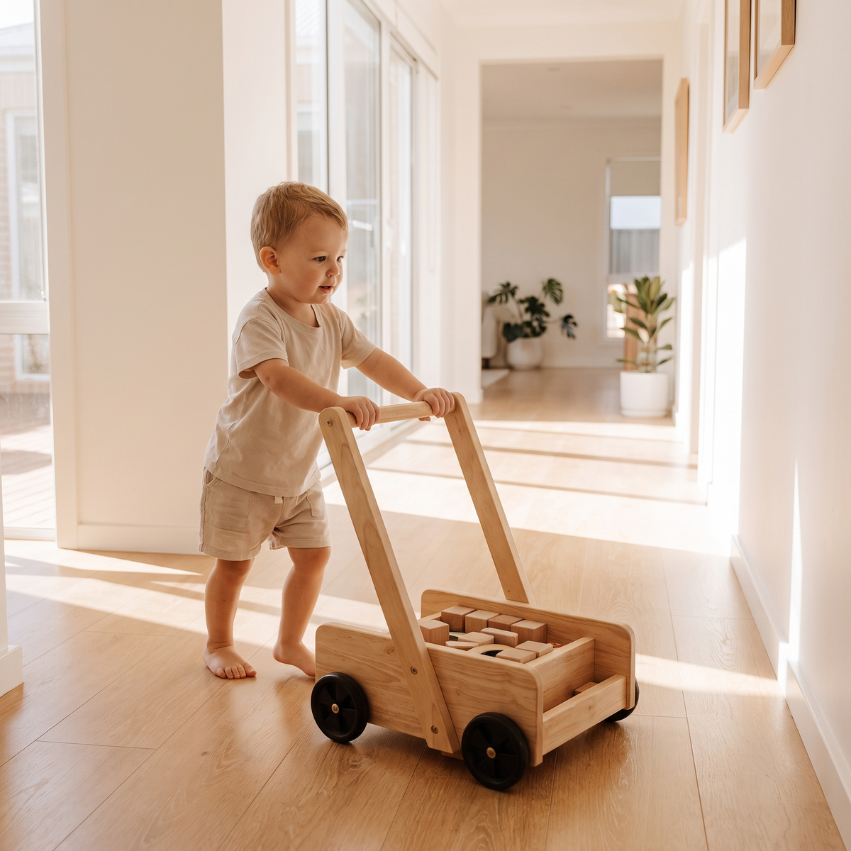 Older toddler using the wooden walker as a push toy at home