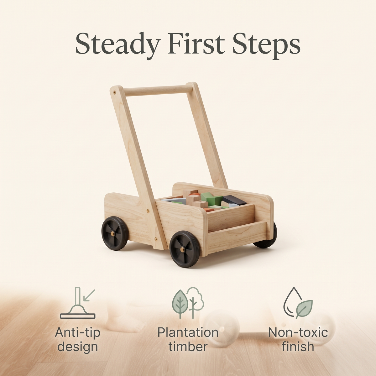 Wooden baby walker benefits: anti-tip design, plantation timber, non-toxic finish
