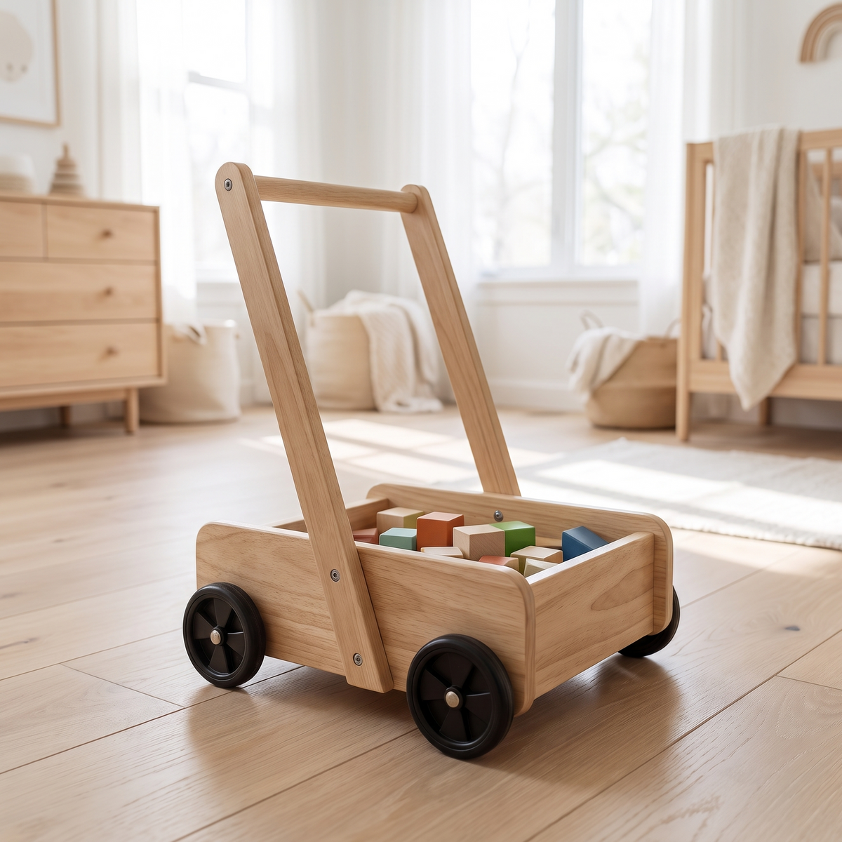 Wooden baby push walker in a bright Scandinavian nursery