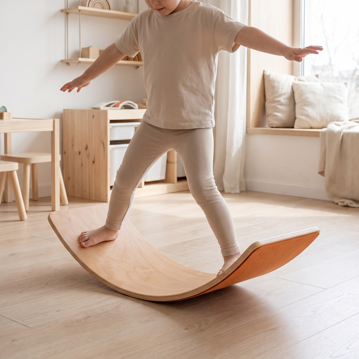 Child standing and rocking on the felt backed wooden balance board