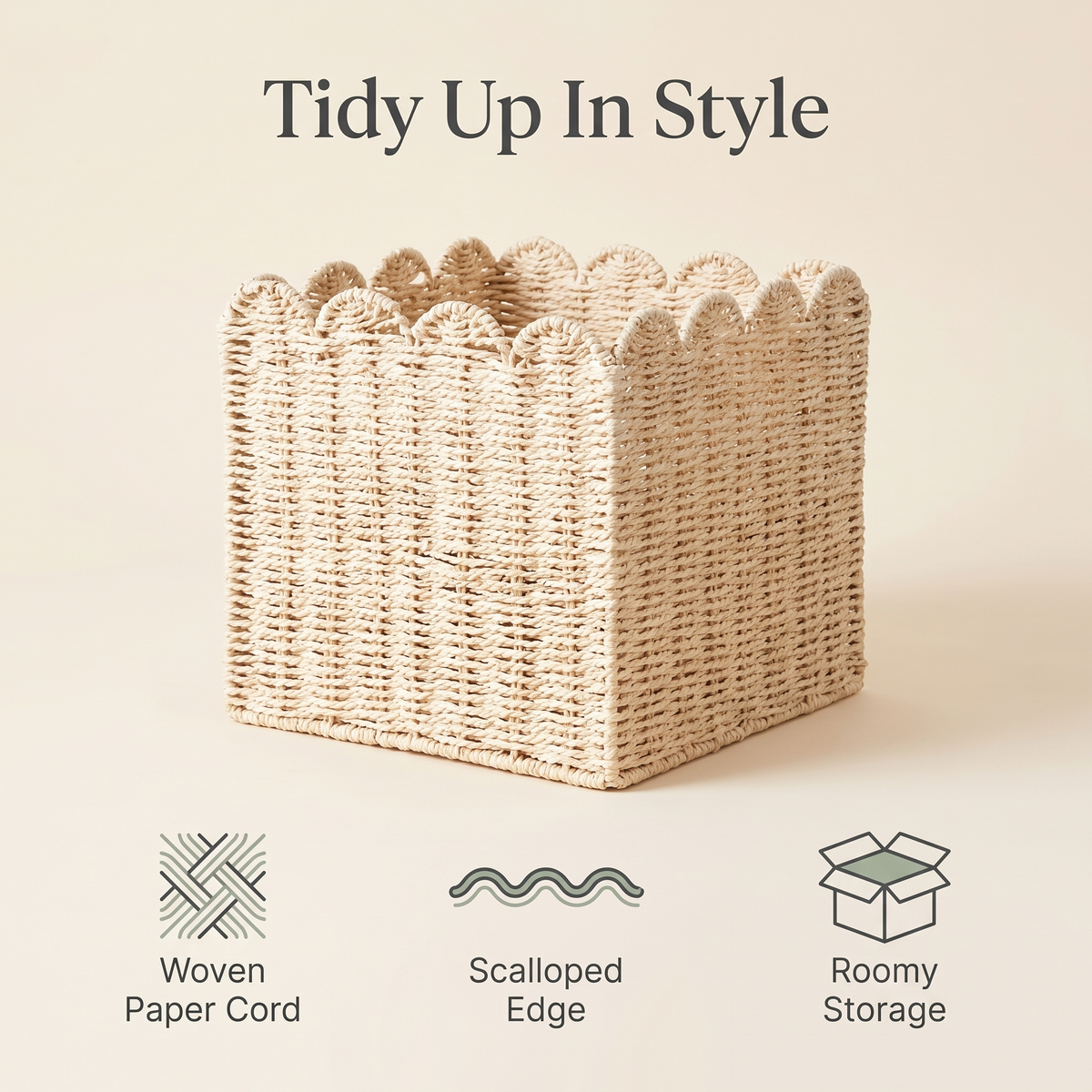 Scalloped cube basket benefits: woven paper cord, scalloped edge, roomy storage