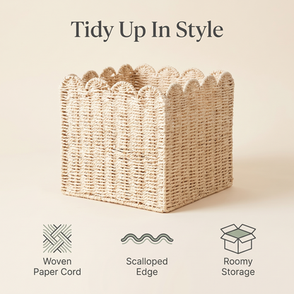 Scalloped cube basket benefits: woven paper cord, scalloped edge, roomy storage