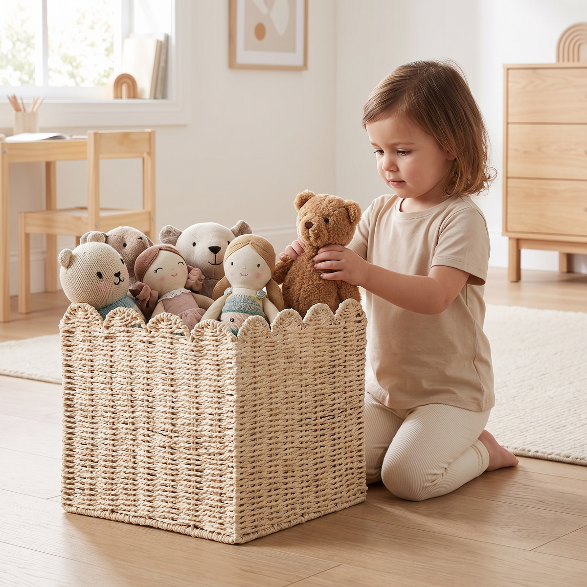Child putting a teddy into the scalloped cube storage basket