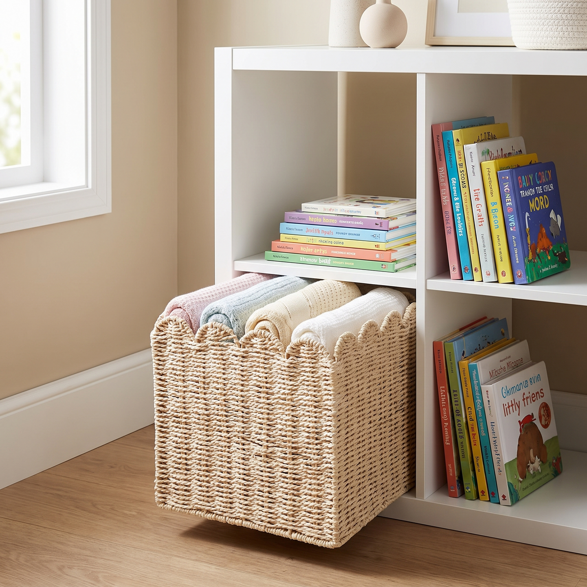 Scalloped cube basket holding blankets inside a nursery cube shelf