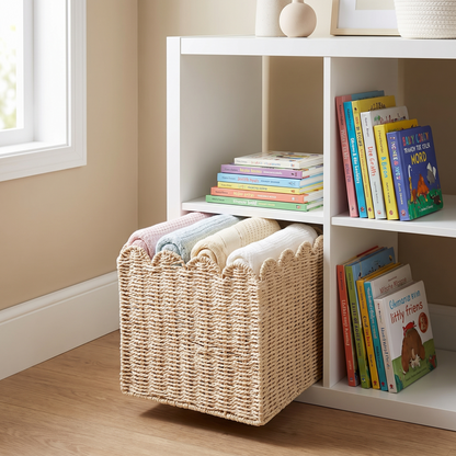 Scalloped cube basket holding blankets inside a nursery cube shelf
