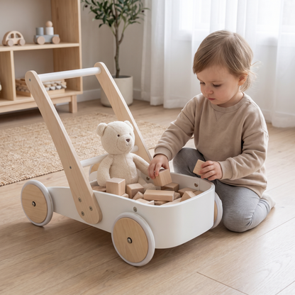 White wooden walker used as a toy wagon filled with blocks