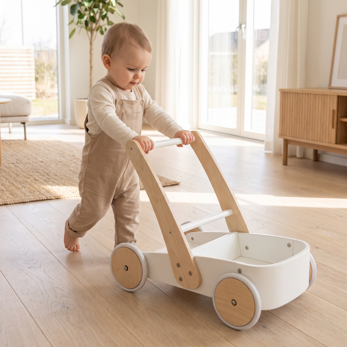 Toddler pushing the white wooden baby walker across a living room