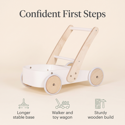 White baby walker benefits: longer stable base, walker and toy wagon, sturdy wooden build