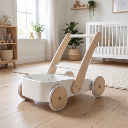 Snow white Montessori wooden baby walker in a bright nursery