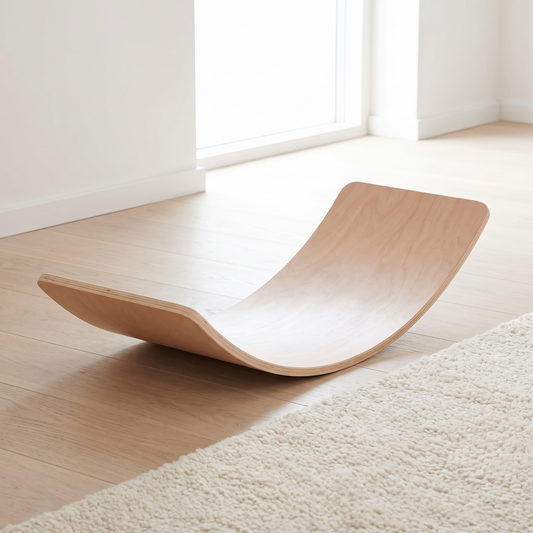 Natural beech wood balance board in a bright Scandinavian kids room