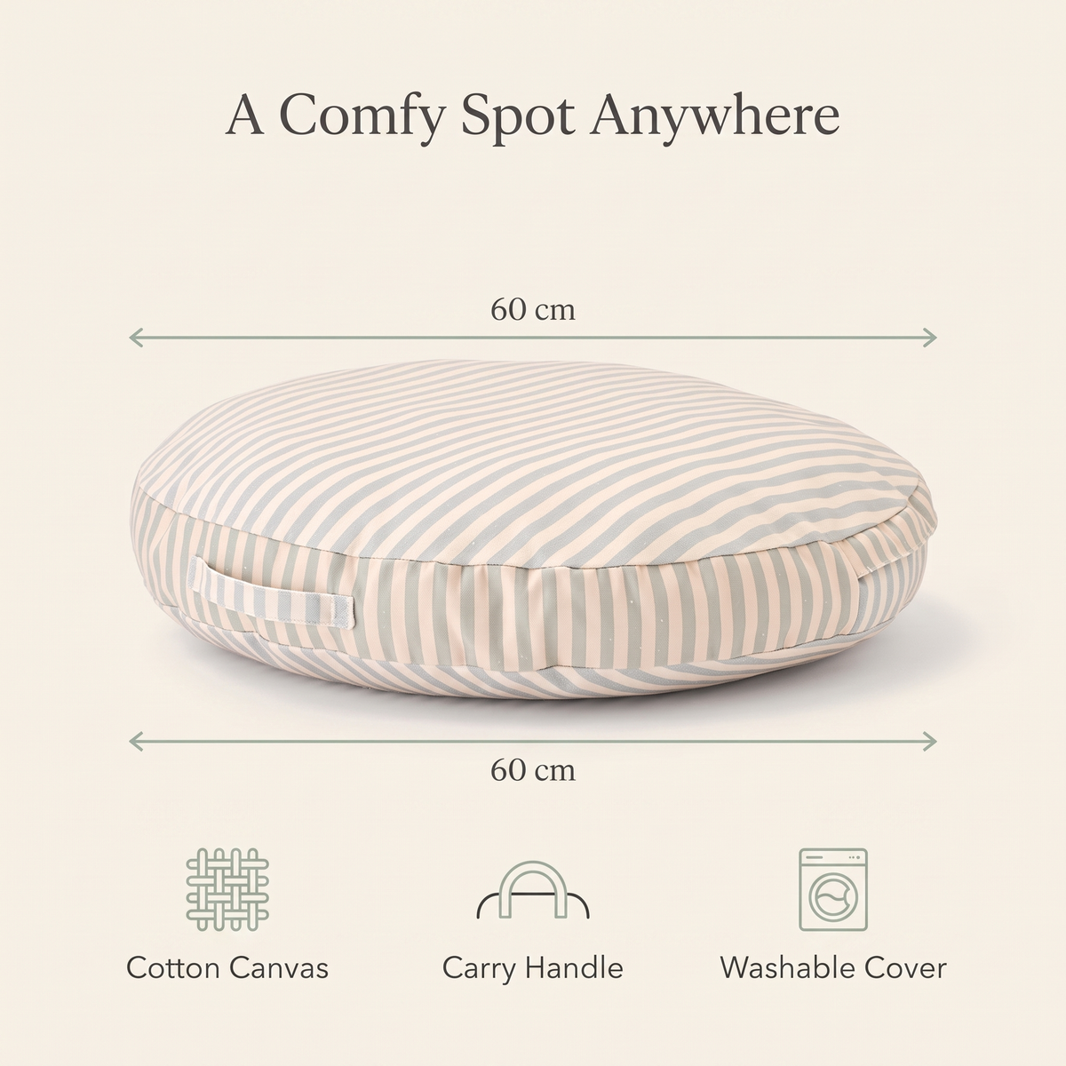 Kids floor cushion benefits: 60 cm, cotton canvas, carry handle, washable cover
