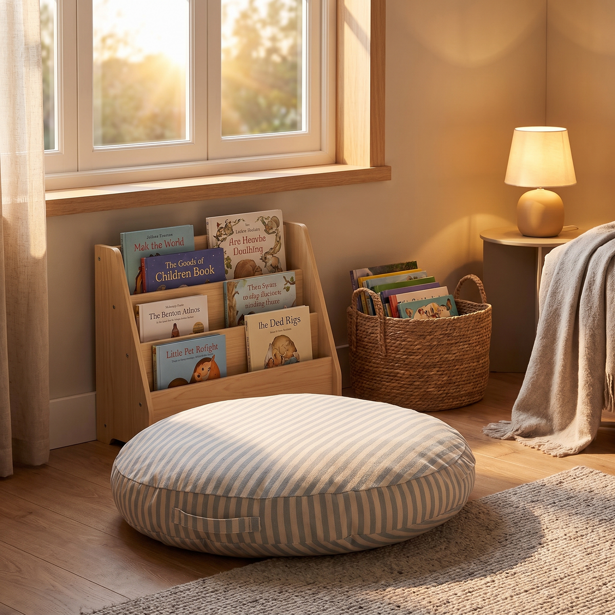 Blue striped floor cushion styled as a kids reading nook by a window