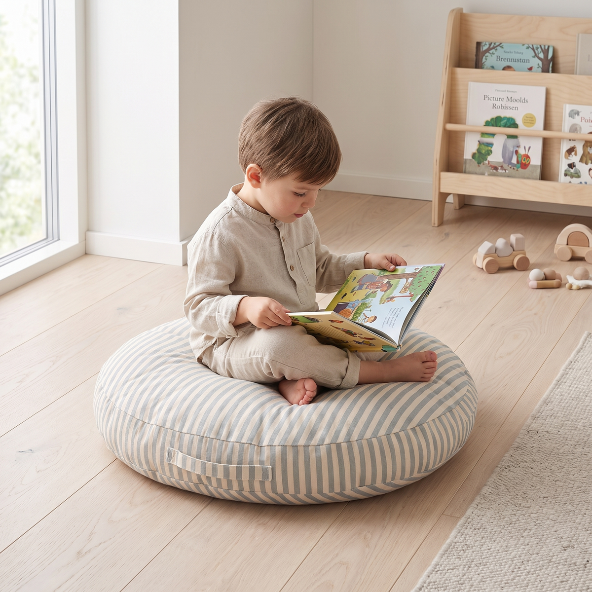 Child sitting on the blue striped floor cushion reading a picture book
