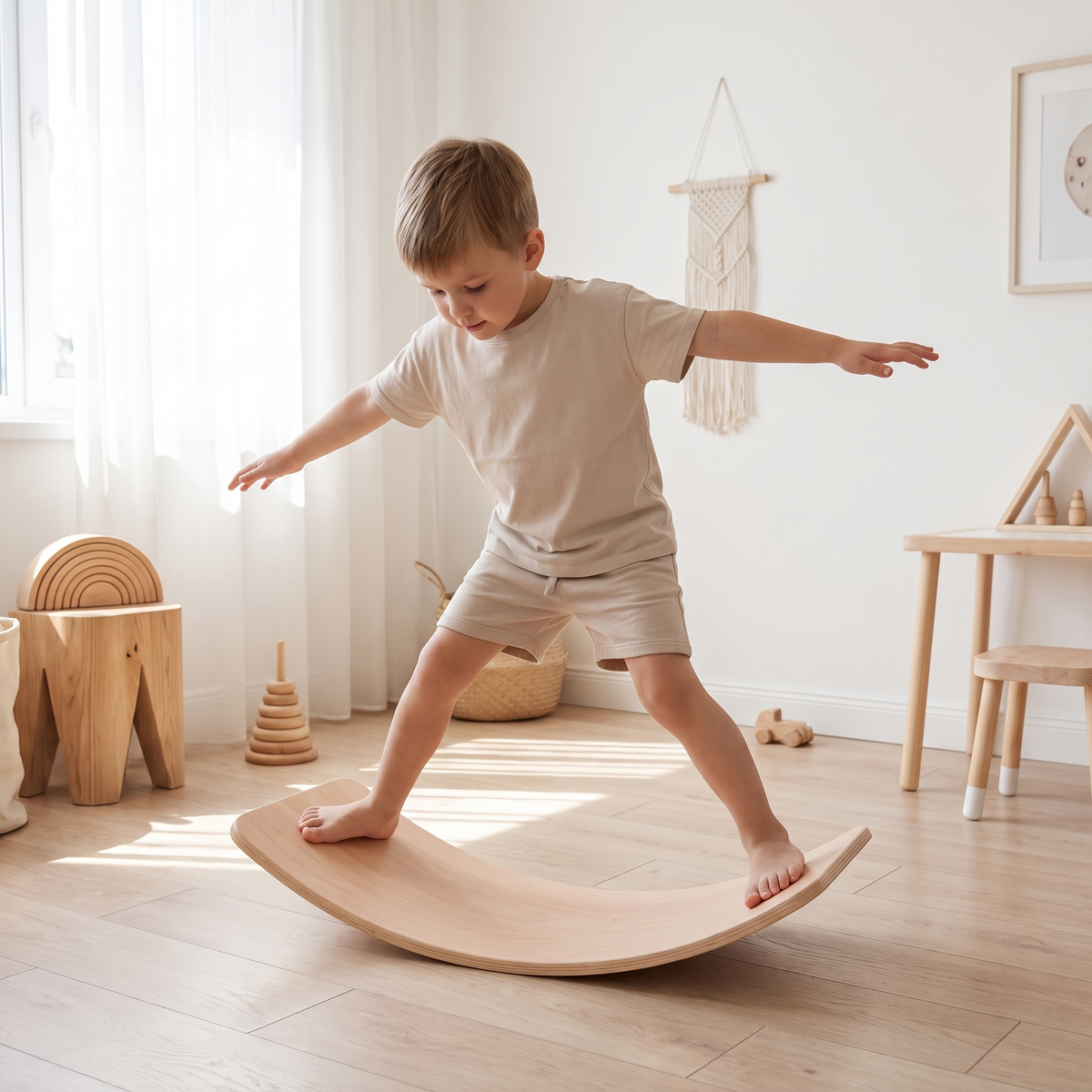 Child balancing and rocking on the natural wooden balance board