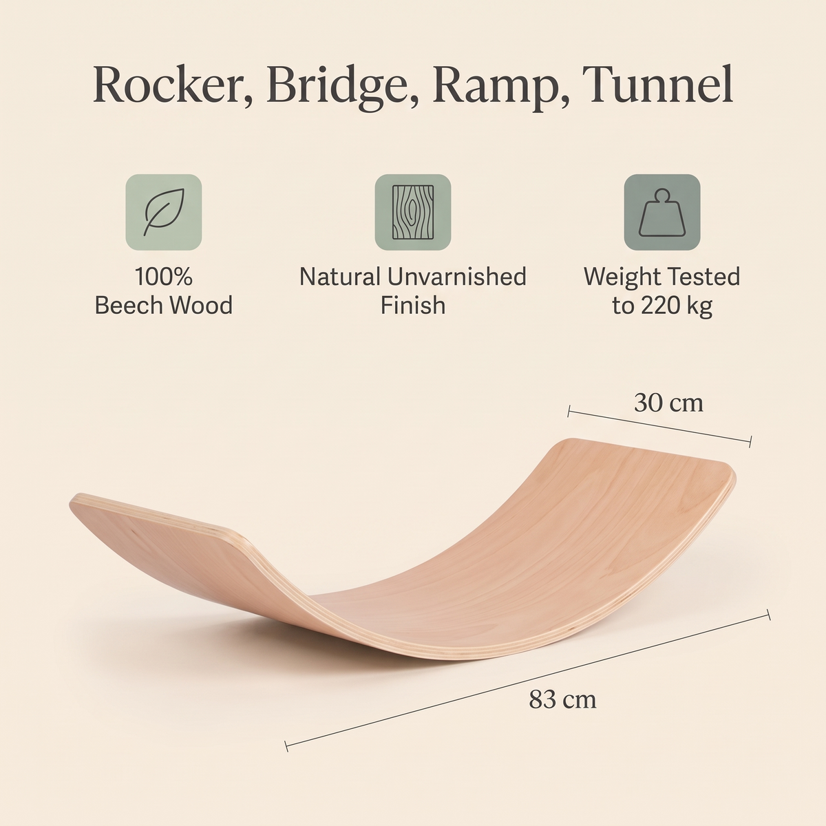Benefits of the 83cm x 30cm natural balance board: 100% beech wood, unvarnished finish, weight tested to 220kg