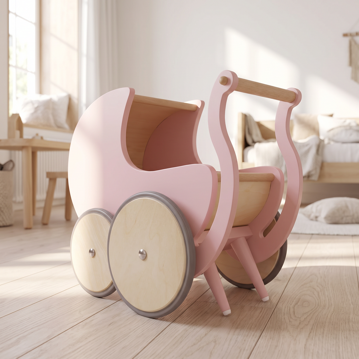 Rose pink wooden doll pram walker in a bright Scandinavian kids room