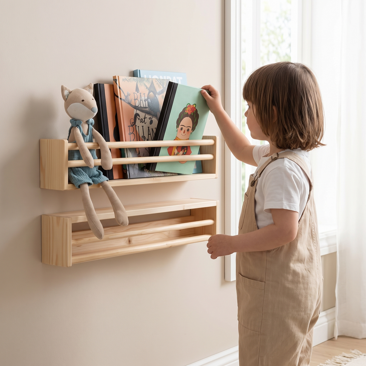 Child taking a book from the natural wooden wall shelf
