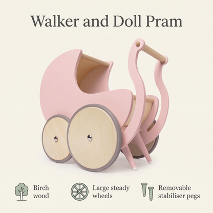 Doll pram walker benefits: birch wood, large steady wheels, removable stabiliser pegs